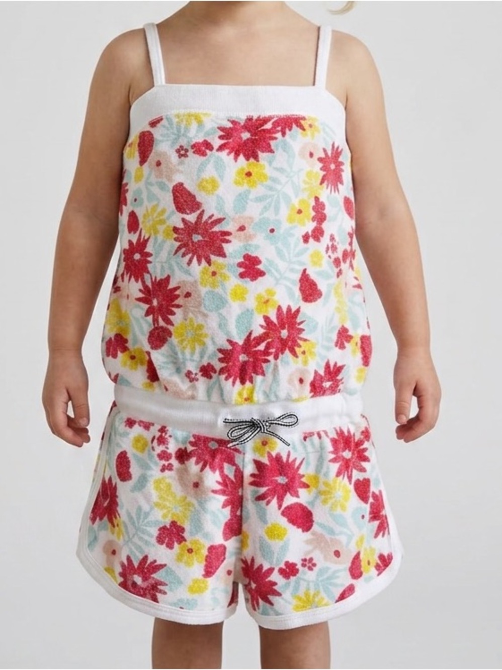 Petit Bateau Girls Terry Tank Romper White Pink Yellow Floral Size 8
